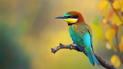 Fototapeta premium A vibrant blue-green bee-eater perched on a branch against a blurred background of green and yellow foliage.
