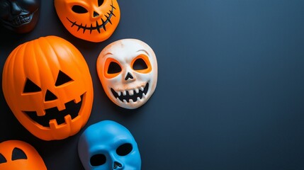 Colorful Halloween masks and pumpkins arranged on a dark background.