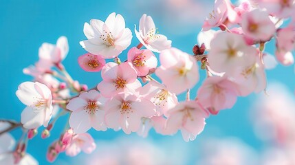 Fototapeta premium Delicate cherry blossom flowers bloom against a vibrant blue sky, creating a serene and peaceful spring atmosphere.