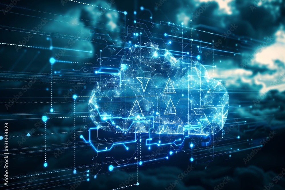 Poster cloud computing and network security, abstract cloud with glowing circuits against dark blue.