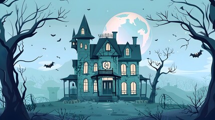 Haunted Mansion Silhouette Under Moonlight with Bats and Fog in Haunting Halloween Atmosphere