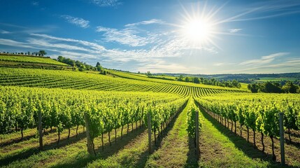 Fototapeta premium A picturesque vineyard with neatly arranged grapevines stretching towards the horizon