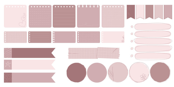 Collection of Cute Blank paper notes for to-do list, Daily and Weekly Planner. Scrapbook Stickers, different pieces of washi tape and bookmarks for scheduler or organizer