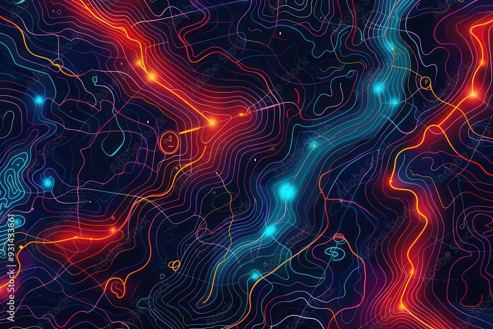 Poster dynamic, colorful lines twist across a stylized map, representing connectivity and direction for log