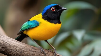 Naklejka premium A vibrant yellow and blue bird perches on a branch with a blurry green background.