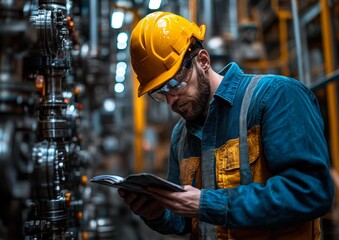 Engineer in safety gear studies a manual in an industrial setting, ideal for themes of safety, engineering, and industrial processes,