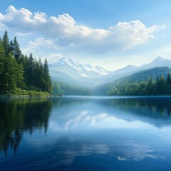 A serene lake reflects snow-capped mountains and lush pine trees under a bright blue sky, creating a tranquil nature scene ideal for travel promotions, outdoor adventure advertisements