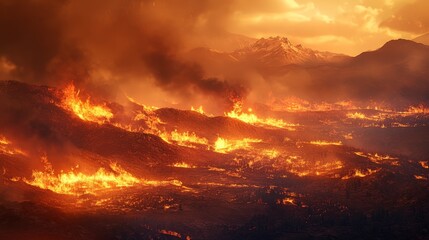 Obraz premium A powerful view of a wildfire sweeping across a dry, mountainous landscape. The intense flames consume the vegetation, and thick smoke rises, creating a dramatic and urgent scene.