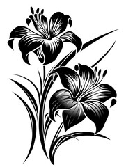 A black and white drawing of two lilies. The flowers are in the foreground and the stems are in the background. The drawing has a very simple and elegant style