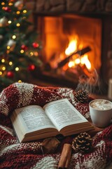 Cozy night in gift box, blanket, book, hot chocolate, with dried hydrangeas