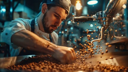 worker took Freshly roasted coffee to check the quality of the mixer drum for cooling : Generative AI