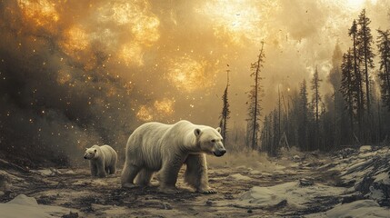 Intense climate crisis imagery showing deforestation polluted skies and stranded polar bears revealing the critical environmental impact