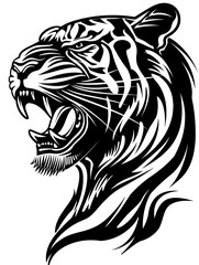 Fototapeta premium A tiger with a fierce look on its face. The tiger has a mouth open and teeth bared