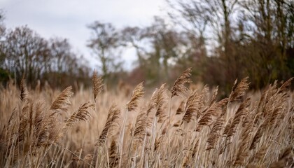 Fototapeta premium Brown dry ears of grass, reed over blurred grey sky, dark tree branches. Moody autumn, winter landscape. Closeup of fading wild plants. Seed stalks. Defocused background. Seasonal nature concept.
