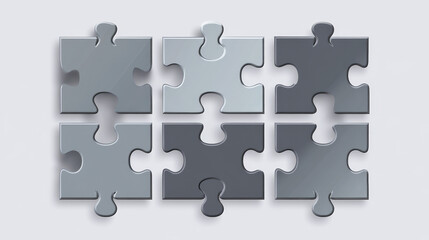 
Six grey pieces of a flat puzzle form a rectangular infographic presentation. This business diagram visually represents interconnected elements or steps in a process. 