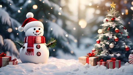Obraz premium Peaceful and serene Christmas scene with a decorated Christmas tree with gifts presents and a cute snowman in a snowy forest