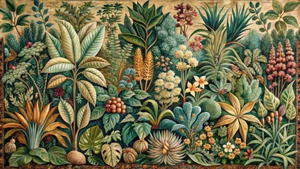 Fotobehang A tapestry of botanical wonder, intricate details and rich textures weave together, set against a backdrop of earthy colors and delicate brushstrokes that beguile the senses. © kansak01