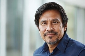 Obraz premium In this close-up portrait, you see a confident middle-aged Indian or Latin American businessman in a suit sitting in a formal setting. A beautiful Hispanic senior businessman smiles at the camera.