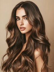 Portrait of a woman with voluminous, wavy brunette hair and a subtle makeup look, placed against a neutral background
