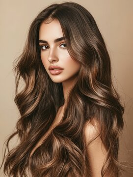 Portrait of a woman with voluminous, wavy brunette hair and a subtle makeup look, placed against a neutral background