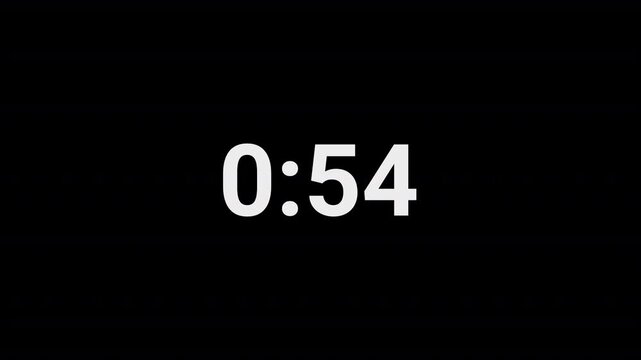 One minute countdown animation from 60 seconds to 0 seconds on a transparent background, One minute countdown timer with alpha channel