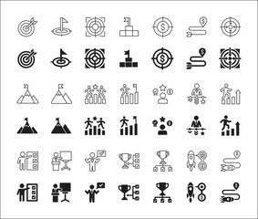 Target icon set. Goals and achievement icons set. Business and management icon collection. Vector stock illustration thin line style. Contains symbols of rocket, businessman, podium, trophy and reward