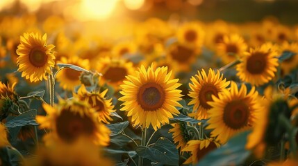 Fototapeta premium A vibrant field of sunflowers basking in golden sunlight, showcasing nature's beauty and tranquility in a warm summer setting.