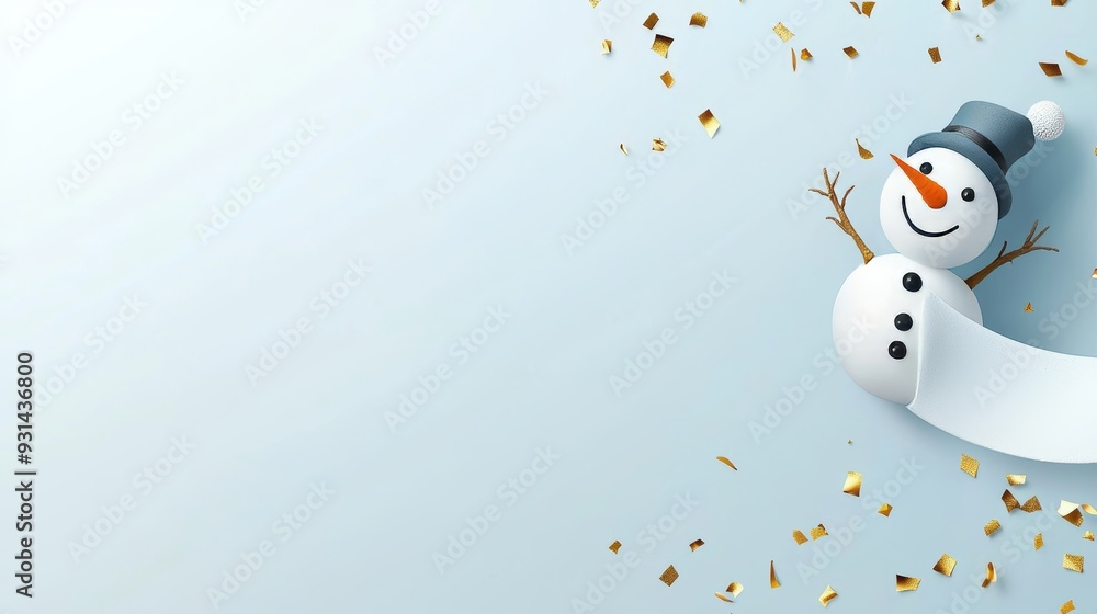 Poster the happy new year mockup with copy space has a 3d snowman holding a banner and looking at the camer