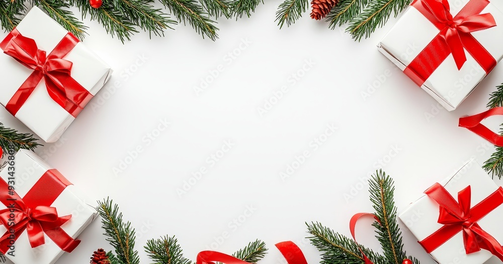 Canvas Prints Christmas fir branches, gift boxes, red decoration, sparkles, confetti, bokeh on white background. Xmas and New Year holiday. Flat lay, top view.