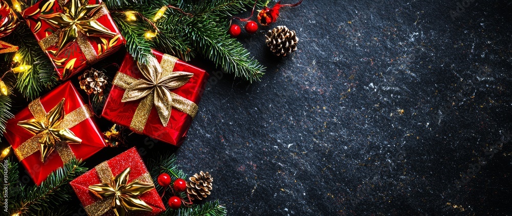 Poster fir branches and pine cones on holiday background. festive theme, bokeh, sparkly, glowing. flat lay,