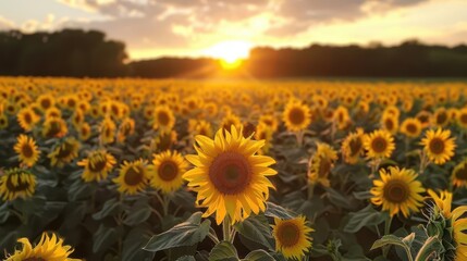 Fototapeta premium A vibrant sunflower field at sunset, showcasing the beauty of nature's colors and light in a tranquil setting.