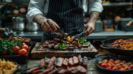 Obraz premium food restaurant plate table chef gourmet elegant wooden dark meal meat dinner lunch : Generative AI
