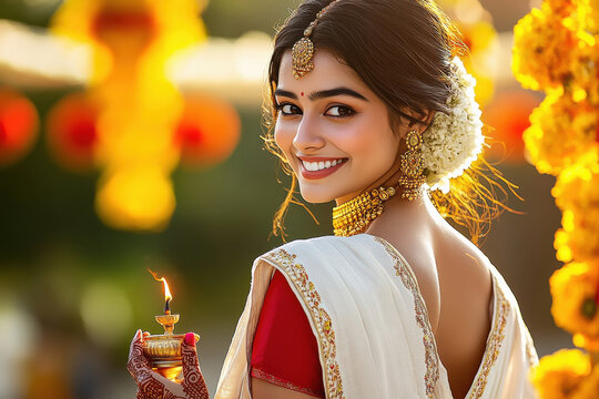 a beautiful young smiling Indian Bengali woman in a white saree red blouse holding a diya and looking back side