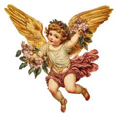 Fototapeta premium Cherubic figure with golden wings holding flowers, cut out - stock png.