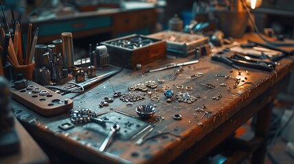 master of jewelry manually inserts gems into the frame of future jewelry Working desk for craft jewelery making with professional tools Sapphire diamond ring on the jewelers desktop : Generative AI