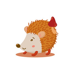 Cute hedgehog with mushroom cartoon on white background.