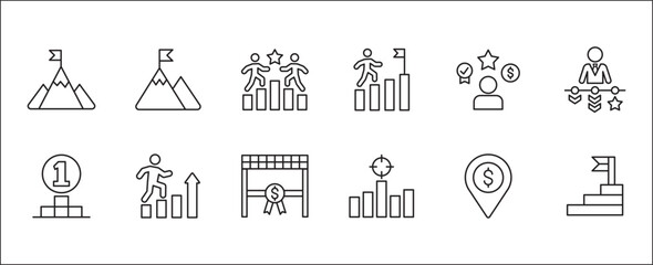 Business goals icon set. Goals and achievement icons set. Business and management icon collection. Vector stock illustration thin line style. Contains symbols of businessman, podium, trophy and reward