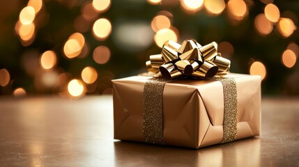 With blurred Christmas tree and Golden festive bokeh light background, this gift box is on a special holiday table