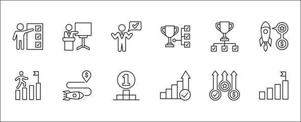 Fototapeta premium Business goals icon set. Goals and achievement icons set. Business and management icon collection. Vector stock illustration thin line style. Contains symbols of businessman, podium, trophy and reward