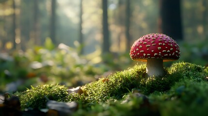 A single red mushroom with white spots grows on a bed of moss in a lush, green forest.