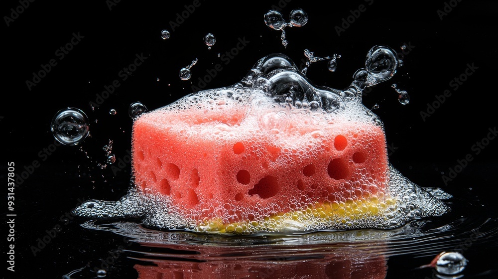Poster Isolated black background with soap foam and red sponge in foam with bubbles