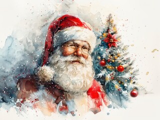 Jolly Santa Claus Watercolor with Christmas Tree. Christmas card.