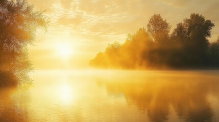 Fototapeta premium A serene early morning scene with the sun peeking through a light mist over a calm lake.