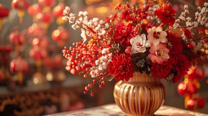Fototapeta premium Red gold color flower decor for Chinese New Year celebration Girl woman florist decorator organizer of events parties wedding planner making floral arrangement festive bouquet table de : Generative AI