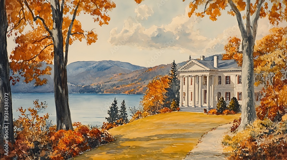 Poster Watercolor Painting of a White Mansion on a Hillside with Autumn Foliage and a Lake.