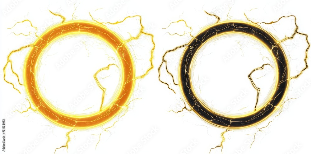 Aufkleber an electric yellow hologram with a plasma glow on a transparent background with a lightning round fr