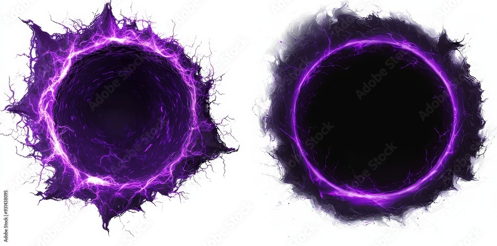 Poster green lightning round frame with plasma portal, isolated on transparent overlay or black background