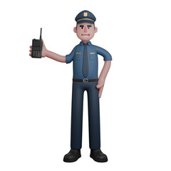 Professional 3D Male Police. Police Officer Ready to Communicate with Walkie-Talkie. Law Character