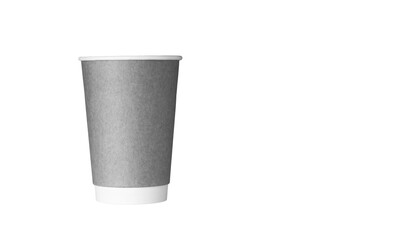 cardboard glass of grey color, for coffee or tea on an isolated white background close up