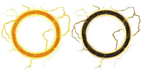 An electric yellow hologram with a plasma glow on a transparent background with a lightning round frame portal layer overlayed on black